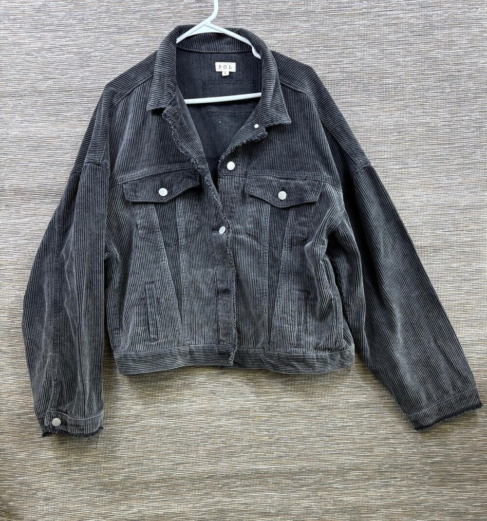 POL Corduroy Jacket Womens Size L Gray Snap Button Pockets Short Relaxed Fit